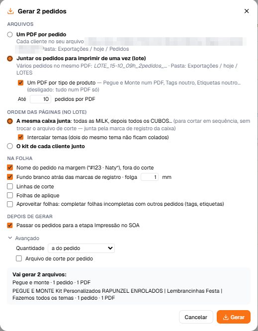 Janela Gerar com as opções do lote