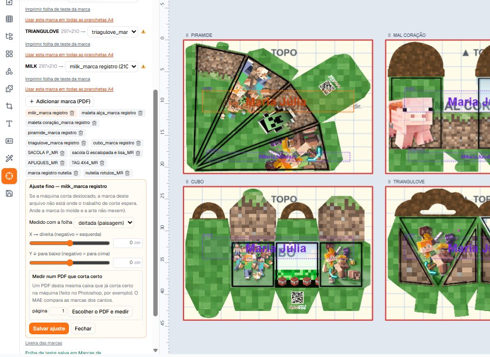 Painel de ajuste fino da marca de registro ao lado das caixas Minecraft