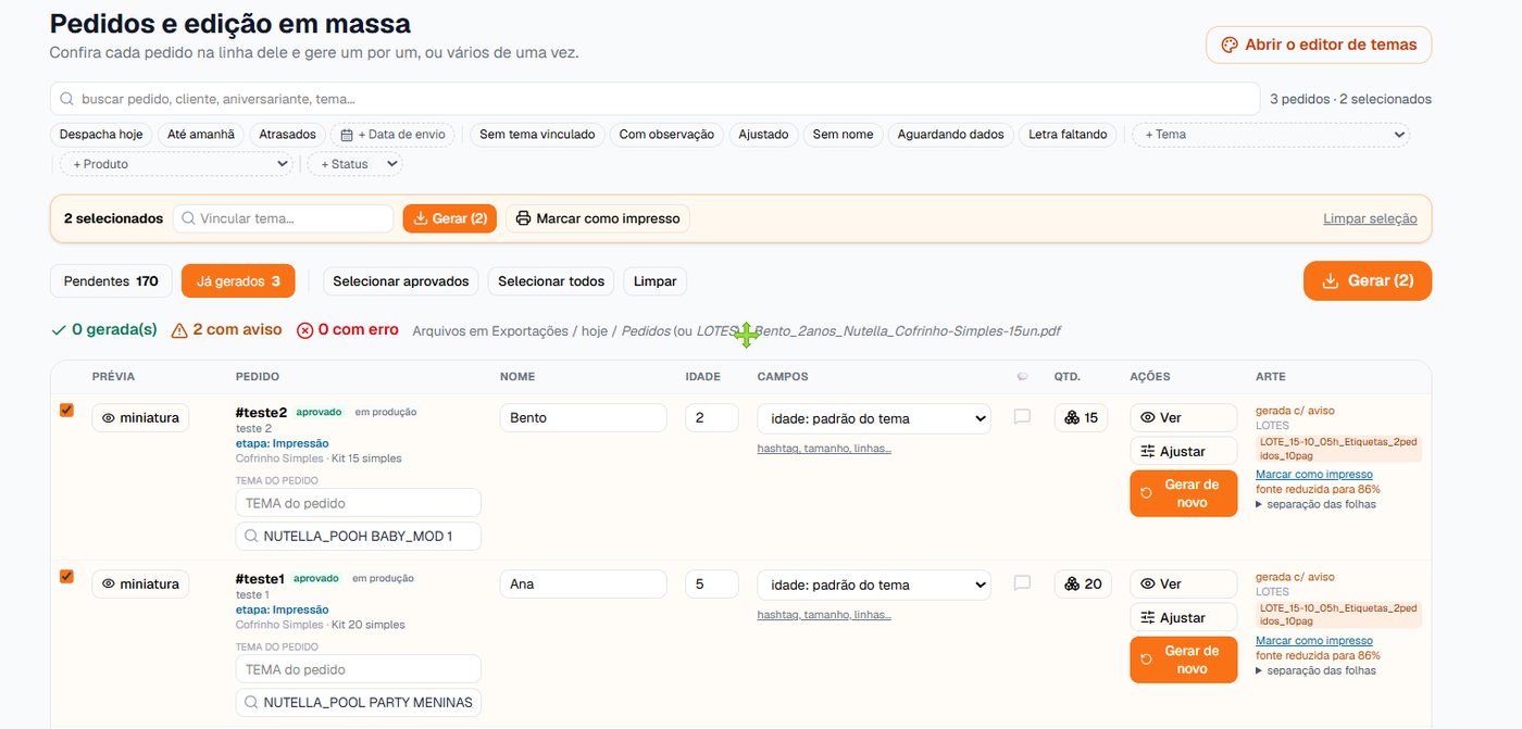 Tela de pedidos do SOA com tema, nome e idade