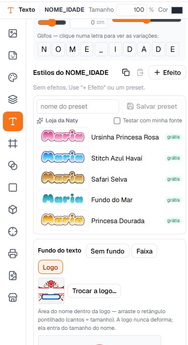 Estilos do nome com presets da Loja da Naty e fundo do texto com logo